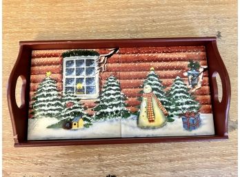 Hand Painted Snowman Christmas Tile Tray Hot Cocoa