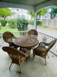 Palm Springs Golden Honey Resin Wicker Outdoor Patio Table Set Four Chairs Glass Top Sunbrella Cushions