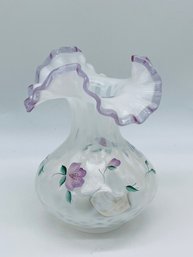 Fenton Art Glass Purple White Fluted Vase Hand Painted Signed