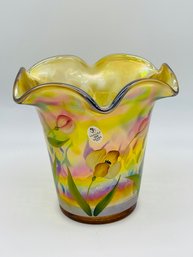 Fenton Art Glass Fluted Carnival Vase Hand Painted Signed 100 Year Anniversary