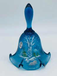 Fenton Blue Art Glass Bell Hand Painted Signed