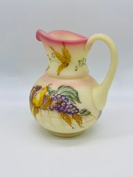 Fenton Art Glass Burmese Handled Pitcher Hand Painted Signed Numbered