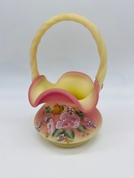 Fenton Art Glass Burmese Hand Painted Signed Numbered Handled Basket