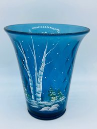 Fenton Blue Winter Scene Art Glass Vase Hand Painted Signed