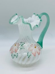 Fenton Art Glass Hand Painted Signed Stretch Glass Handle Pitcher