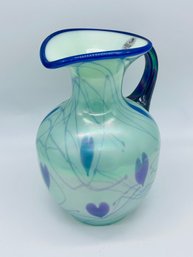 Fenton Art Glass Threaded Pulled Heart Pitcher Blue