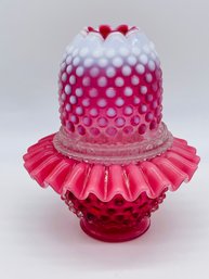 Fenton Art Glass Pink Cranberry Hobnail Ferry Lamp Three Piece Complete Set