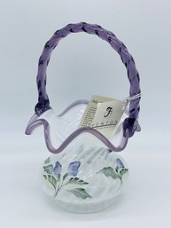 Fenton Art Glass Hand Painted Signed Purple White Handled Basket