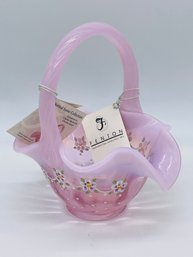 Fenton Art Glass Pink Hand Painted Signed Numbered Handled Basket