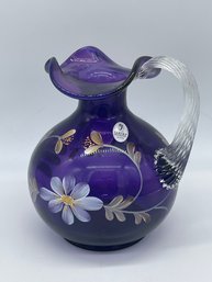 Fenton Art Glass Hand Painted Signed Numbered Purple Clear Pitcher