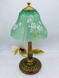 Fenton Art Glass Hand Painted Signed Green Table Lamp