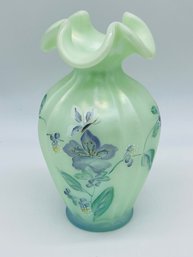 Fenton Art Glass Sea Mist Satin Iridized Hand Painted Signed Vase