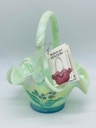 Fenton Art Glass Sea Mist Satin Iridized Hand Painted Signed Handled Basket