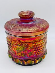 Fenton Art Glass Ruby Red Carnival Grape Pattern Tobacco Jar Candy Dish Lidded