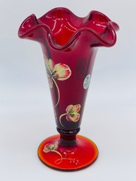 Fenton Art Glass Ruby Red Hand Painted Signed Ruffle Edge Vase