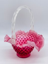 Fenton Art Glass Pink Hobnail Handled Basket