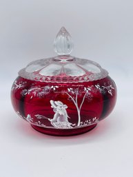 Fenton Art Glass Cranberry Hand Painted Signed Numbered Girl Cat Powder Dish Lidded Candy