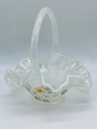 Fenton Art Glass Opalescent White Hand Painted Signed 95 Year Anniversary Basket