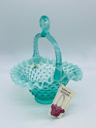 Fenton Art Glass Teal Turquoise Hobnail Twisted Handle Basket