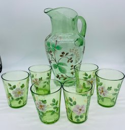 Fenton Art Glass Hand Painted Green Depression Lemonade Set Pitcher Six Glasses