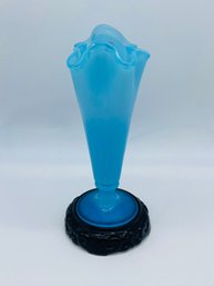 Fenton Art Glass Fluted Blue 100 Year Anniversary Vase With Black Glass Base