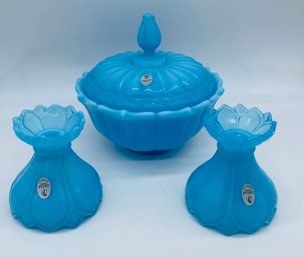 Fenton Art Glass Three Piece Console Set Lidded Candy Dish Bowl With Matching Candle Holders