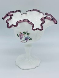 Fenton Art Glass White & Purple Open Candy Hand Painted Signed