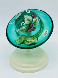 Fenton Art Glass Green Hat Hand Painted Holly Berries & Leaves Signed 100 Year Anniversary On Stand