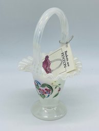 Fenton Art Glass White Hand Painted Signed Basket