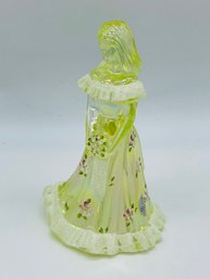 Fenton Art Glass Yellow Uranium Hand Painted Signed Bridesmaid Figurine Doll