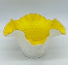 Fenton Art Glass Satin Cased Hobnail Ruffle Edge White & Yellow Bowl