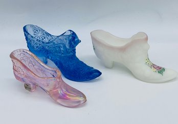 Fenton Art Glass Group Lot Of Three Glass Slipper Shoes Blue Pink White Hand Painted