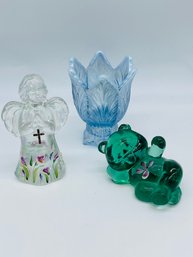 Fenton Art Glass Group Lot Three Angel Toothpick Spooner Bear Hand Painted Signed