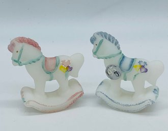 Fenton Art Glass Group Lot Pair Hobby Horse Rocking Horse Hand Painted Signed 95 Year Anniversary Figurines