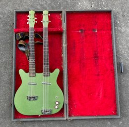 Rare Original Vintage Danelectro Double Neck 6 & 4 String Electric Guitar Green With Original Carrying Case