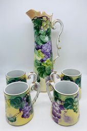 Vintage Grape Pattern Hand Painted Pitcher Tankard Set Five Piece China