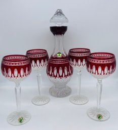 Clarendon Waterford Crystal Ruby Cut To Clear Decanter Stopper Wine Hock Glass Set Six Pieces