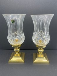 Pair Waterford Lead Crystal Lismore Hurricane Lamp Candle Holder Brass Base