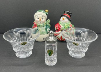 Group Lot Waterford Crystal Pieces Tea Light Votive Pair Baby's Bottle Snowmen Bells