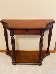 Wood Carved Leg Pedestal Side Entry Table With Inlaid Top And Drawer