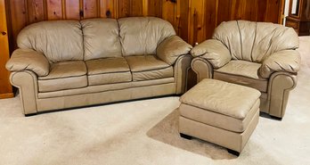 Italian Leather Sofa Chair Ottoman Living Room Set Buff Cream Tan Color