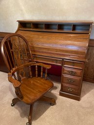 Oak Roll Top Desk & Swivel Rolling Oak Desk Chair