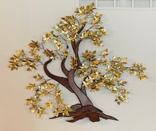 Vintage Mid Century Modern Three Dimensional Metal Brass Wood Art Tree Wall Hanging