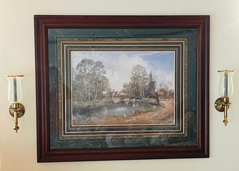 Large Framed Art Print Picture Duck Goose Pond Park Scene & Wall Sconces