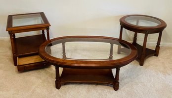 Bassett Furniture Three Piece Glass Top Wood Coffee Table Set