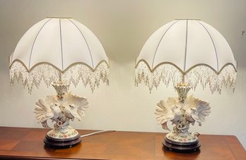 Rare Matching Pair Florence Giuseppe Armani Figural Turtle Dove Table Lamps With Original Fringe Shades