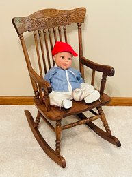 Oak Pressed Back Childrens Rocker With Lee Middleton Baseball Player Doll