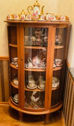 Oak Curved Glass China Cabinet Curio Group Lot Contents Glassware Tea Set China