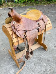 15 1/2 Ornate Leather Tool Western Saddle With Stand