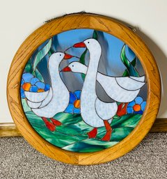 Duck Geese Round Stained Glass Window In Wood Frame